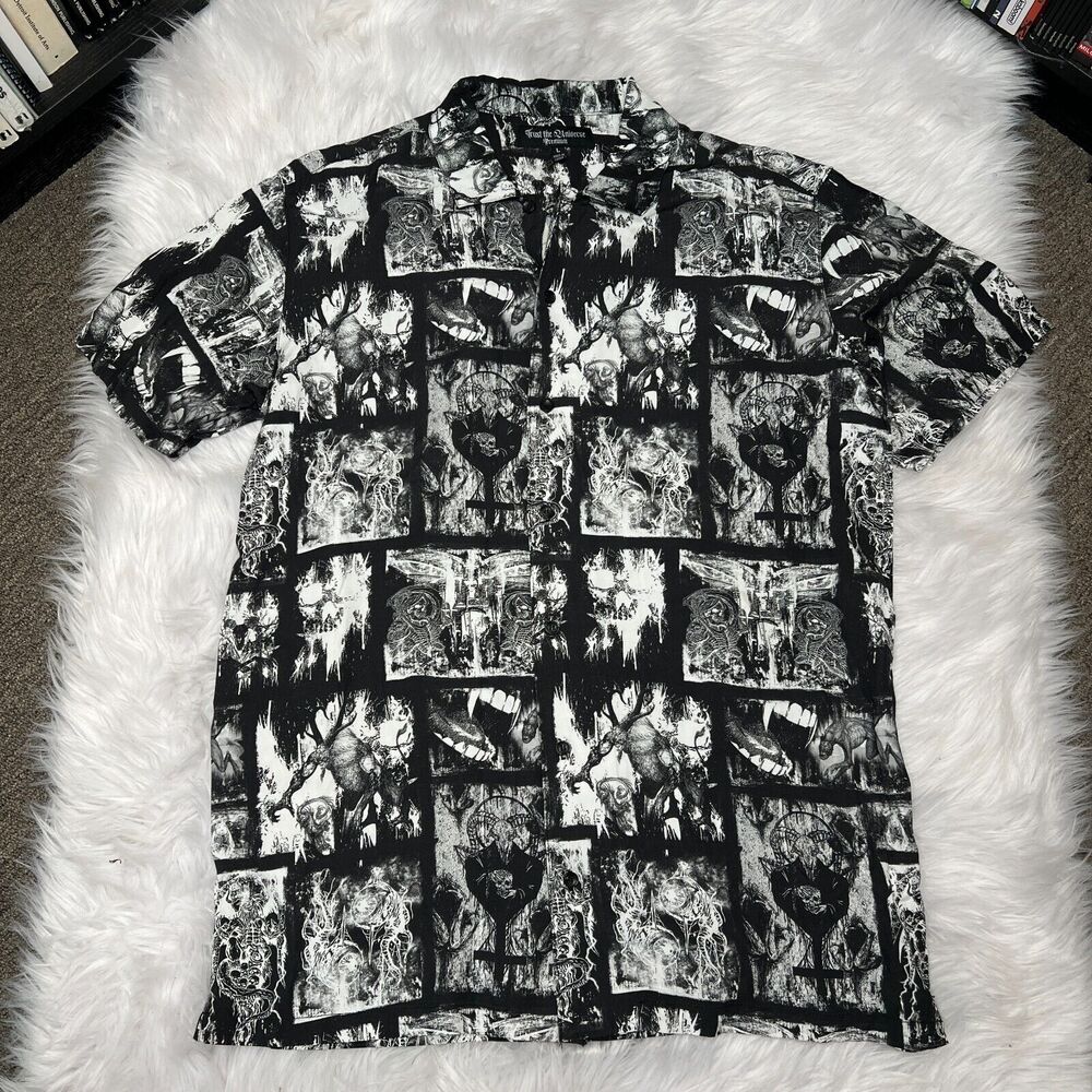 TRUST THE UNIVERSE PREMIUM DARK COLLAGE BUTTON SHIRT MONSTERS SKULLS DEMONS